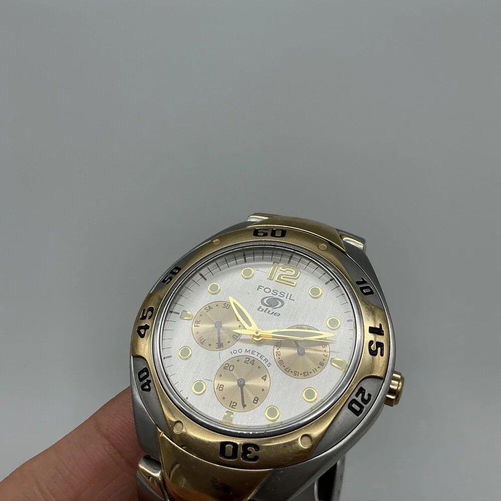 Fossil Blue BQ-9094 Mens Watch 40mm Silver Two Tone Stainless New Battery 6.5